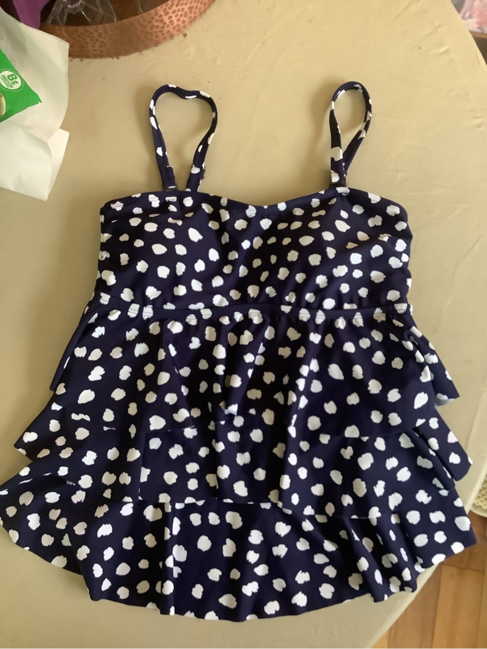 Island Escape Navy & White Polka Dot Ruffle Swim Tankini top Sz 8 NWT
